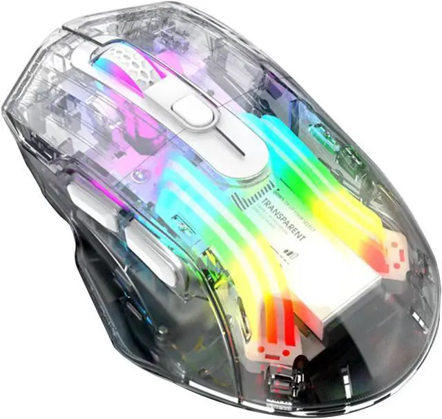 Alt view image 2 of 7 - WRIARICH Gaming Mice with Transparent Crystal Shell, Tri-Modes (USB Wired + 2.4G Wireless+ Bluetooth), Silent Click, Rechargeable Wireless Mouse with RGB Backlit- White