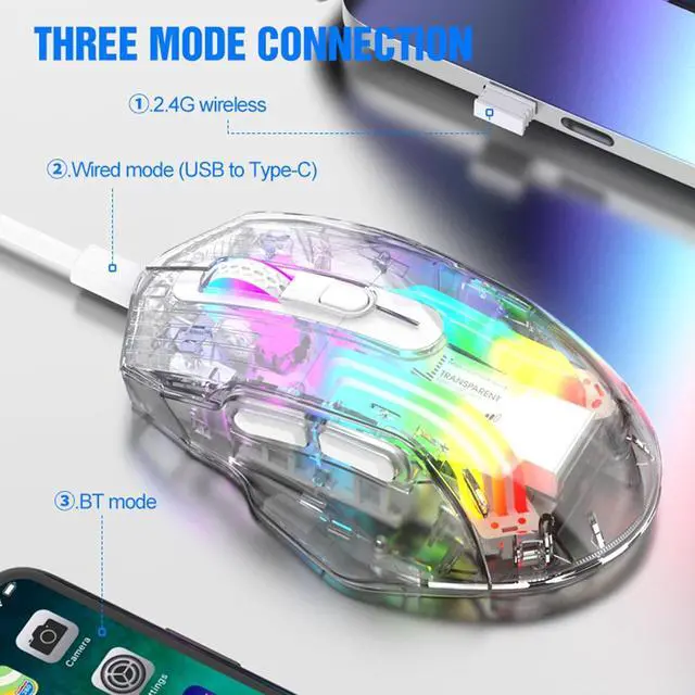 Alt view image 3 of 7 - WRIARICH Gaming Mice with Transparent Crystal Shell, Tri-Modes (USB Wired + 2.4G Wireless+ Bluetooth), Silent Click, Rechargeable Wireless Mouse with RGB Backlit- White