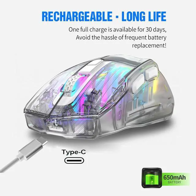 Alt view image 4 of 7 - WRIARICH Gaming Mice with Transparent Crystal Shell, Tri-Modes (USB Wired + 2.4G Wireless+ Bluetooth), Silent Click, Rechargeable Wireless Mouse with RGB Backlit- White