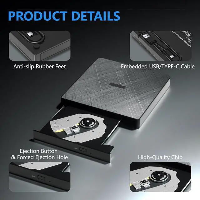 Alt view image 3 of 7 - External CD DVD Drive, USB 3.0 & Type-C Portable CD DVD Burner +/-RW DVD Player for Laptop, External CD/DVD Drive, External Optical USB DVD Drive Compatible with Windows 7/8/10/XP Linux MacOS