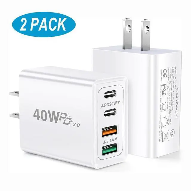 Main image of 2 Pack USB C Charger Block, 40W 4 Port Fast Charging Block Cube, Dual USB C Wall Charger Plug, Phone Charger Box Compatible with iPhone 16 15 14 13 12 Pro Max, XS/XR/X, iPad, Android Cellphones