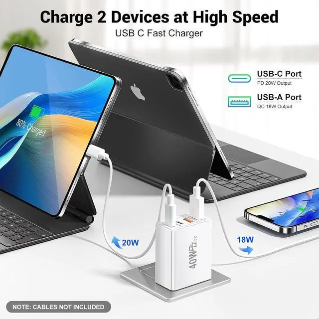 Alt view image 3 of 7 - 2 Pack USB C Charger Block, 40W 4 Port Fast Charging Block Cube, Dual USB C Wall Charger Plug, Phone Charger Box Compatible with iPhone 16 15 14 13 12 Pro Max, XS/XR/X, iPad, Android Cellphones