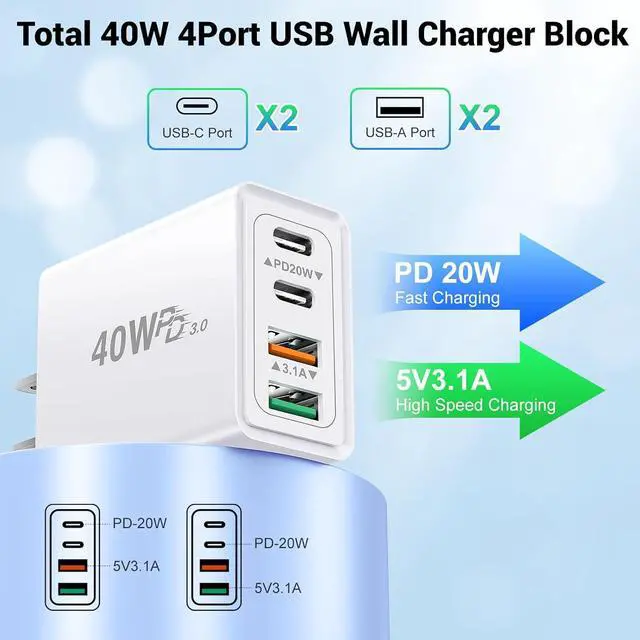 Alt view image 4 of 7 - 2 Pack USB C Charger Block, 40W 4 Port Fast Charging Block Cube, Dual USB C Wall Charger Plug, Phone Charger Box Compatible with iPhone 16 15 14 13 12 Pro Max, XS/XR/X, iPad, Android Cellphones