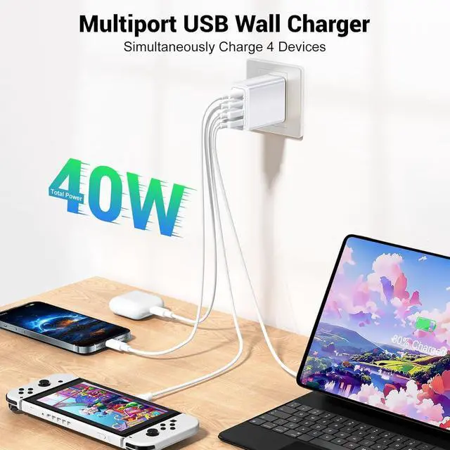 Alt view image 2 of 7 - 2 Pack USB C Charger Block, 40W 4 Port Fast Charging Block Cube, Dual USB C Wall Charger Plug, Phone Charger Box Compatible with iPhone 16 15 14 13 12 Pro Max, XS/XR/X, iPad, Android Cellphones