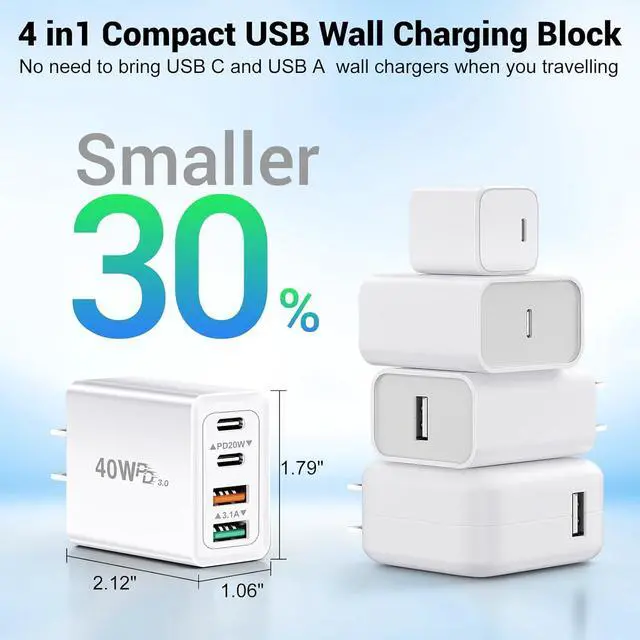 Alt view image 7 of 7 - 2 Pack USB C Charger Block, 40W 4 Port Fast Charging Block Cube, Dual USB C Wall Charger Plug, Phone Charger Box Compatible with iPhone 16 15 14 13 12 Pro Max, XS/XR/X, iPad, Android Cellphones