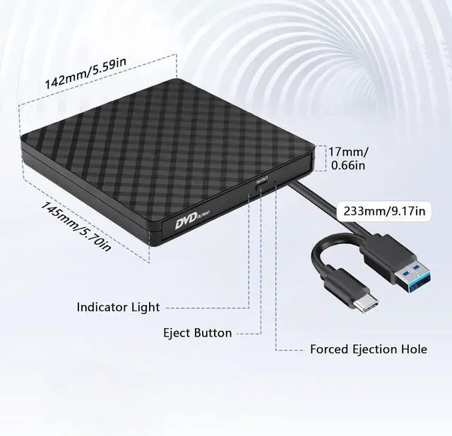 Alt view image 5 of 7 - External CD DVD Drive, External CD ROM CD/DVD Burner with USB 3.0 and USB C, Portable CD/DVD +/-RW Drive/DVD Player for PC, Laptop, Desktops, Mac-Book, Windows XP/2003/Vista/7/8/10/Linux/MacOS