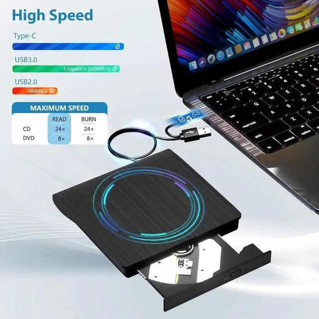 Alt view image 4 of 7 - External CD DVD Drive, USB 3.0 & TYPE C Portable CD DVD +/-RW Drive, CD/DVD ROM Player Burner Reader Writer Rewriter Optical Disc Drive for Laptop Desktop PC, Windows 11/10/8/7, Apple Mac, Linux OS