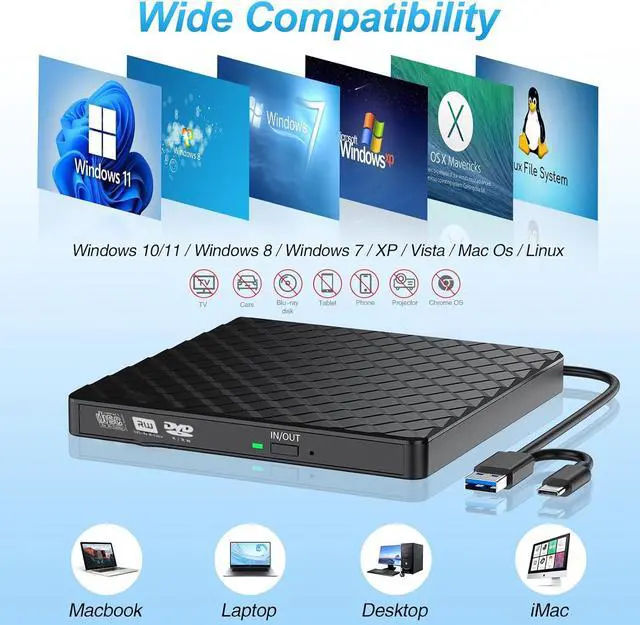 Alt view image 2 of 6 - External CD DVD Drive, USB 3.0 Type-C Portable CD DVD +/-Rw Drive Reader, DVD/CD ROM Burner Rewriter, Slim Optical DVD Drive for Laptop, Desktop, Mac, Macbook, OS/Windows/Linux (Black)