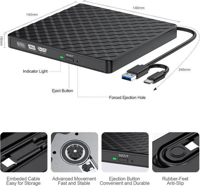 Alt view image 3 of 6 - External CD DVD Drive, USB 3.0 Type-C Portable CD DVD +/-Rw Drive Reader, DVD/CD ROM Burner Rewriter, Slim Optical DVD Drive for Laptop, Desktop, Mac, Macbook, OS/Windows/Linux (Black)