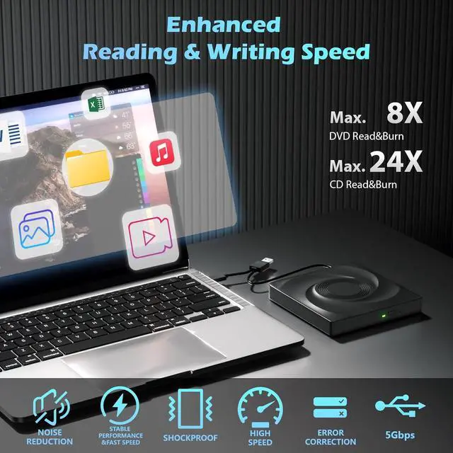 Alt view image 2 of 7 - External CD/DVD Drive for Laptop, USB 3.0 & Type C CD Burner External DVD Drive, CD ROM DVD Player Portable CD Reader for Laptop, Compatible with Laptop PC Windows 11/10//7 Linux Mac OS giyqxHw