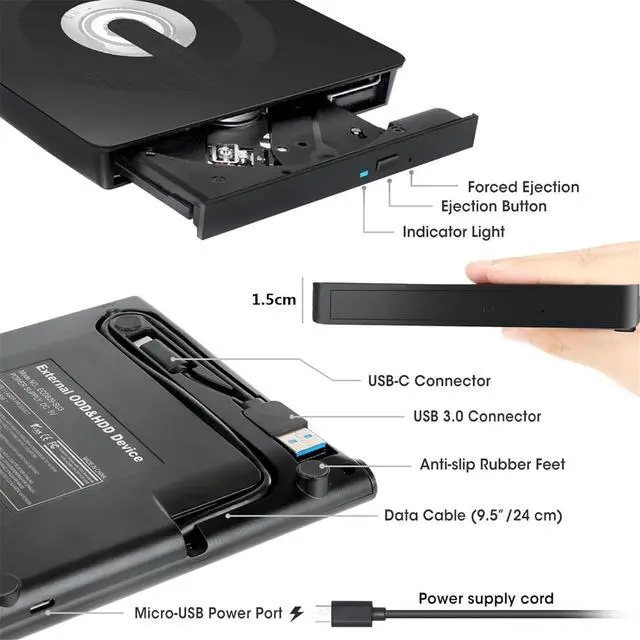 Alt view image 3 of 7 - External CD DVD Drive, Type-C & USB 3.0 External Optical CD/DVD Drive, Portable CD DVD Player RW Writer Burner Reader for Laptop, Desktop, PC, Windows 11/10 / 8/7 / XP/Linux/Vista, Linux, MacOS