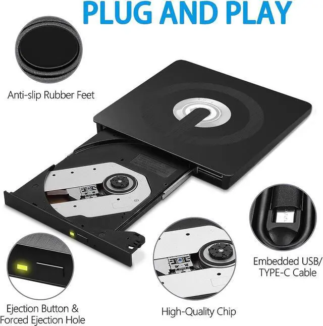 Alt view image 6 of 7 - External CD DVD Drive, Type-C & USB 3.0 External Optical CD/DVD Drive, Portable CD DVD Player RW Writer Burner Reader for Laptop, Desktop, PC, Windows 11/10 / 8/7 / XP/Linux/Vista, Linux, MacOS