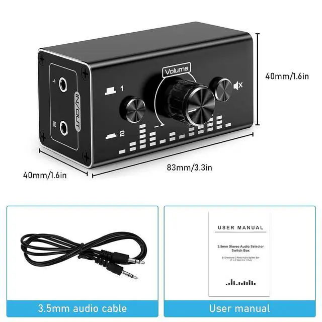 Alt view image 7 of 7 - WRIARICH Bi-Directional 3.5mm Jack Audio Switch Selector 2 In 1 Out / 1 In 2 Out Noiseless Analogue Stereo Audio Switch with Volume Control, Sound Distribution Splitter Box for Speakers Headphones PC