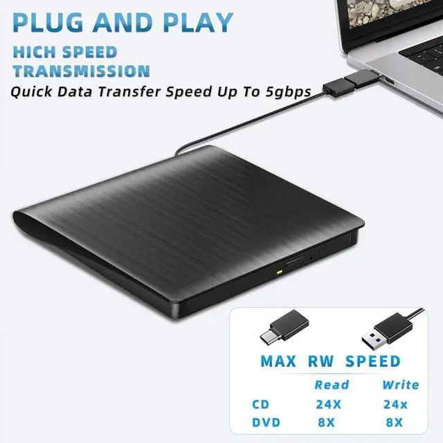 Alt view image 4 of 7 - WRIARICH External CD DVD Drive, Portable USB 3.0 and Type-C CD/DVD RW Drive Player Rewriter CD/DVD Burner Optical Drive Compatible with Laptop Desktop PC Computer for Windows 7/8/10/11, Linux, MacOS