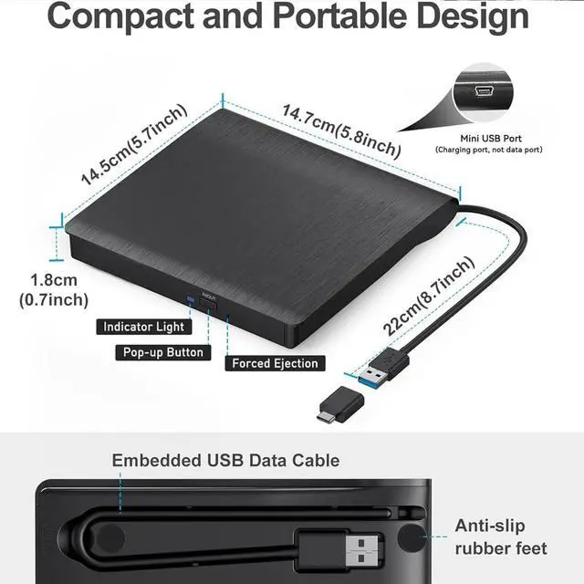 Alt view image 7 of 7 - WRIARICH External CD DVD Drive, Portable USB 3.0 and Type-C CD/DVD RW Drive Player Rewriter CD/DVD Burner Optical Drive Compatible with Laptop Desktop PC Computer for Windows 7/8/10/11, Linux, MacOS