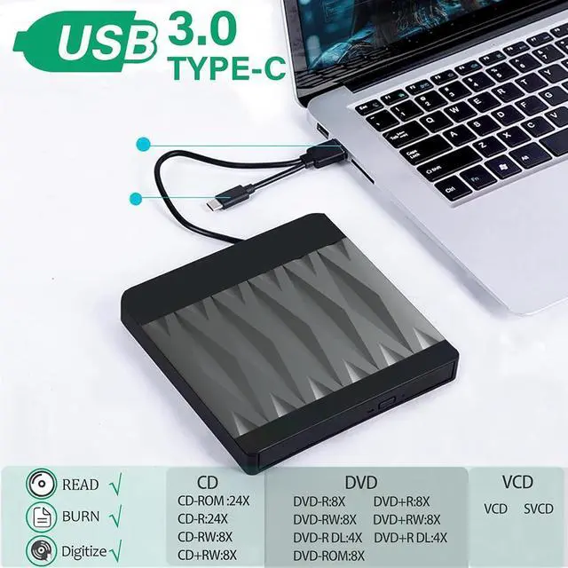 Alt view image 4 of 7 - External CD/DVD Drive for Laptop, USB 3.0 CD ROM DVD Burner Slim Portable CD Reader DVD Player Reader Writer Optical Disc Drive Compatible with Laptop Desktop PC Windows 11/10/8/7 Linux MacOS
