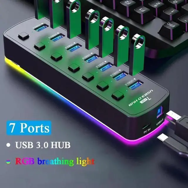 Alt view image 2 of 7 - USB 3.0 Hub, RGB 7 Ports USB 3.0 Hub with 14 Mode RGB LED Strip, 5Gbps High Speed USB Splitter Adapter Individual On/Off Switch For PC Computer Accessories RGB USB Hub (without Power Adapter)