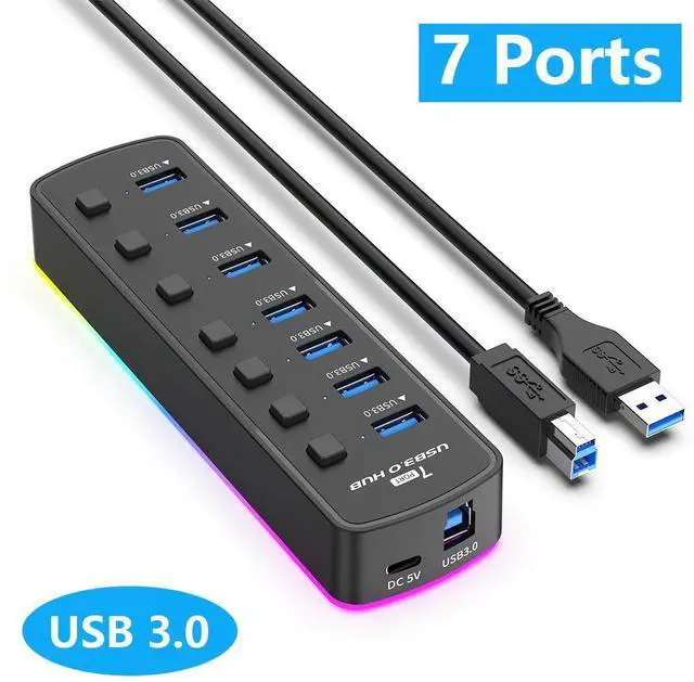 Main image of USB 3.0 Hub, RGB 7 Ports USB 3.0 Hub with 14 Mode RGB LED Strip, 5Gbps High Speed USB Splitter Adapter Individual On/Off Switch For PC Computer Accessories RGB USB Hub (without Power Adapter)