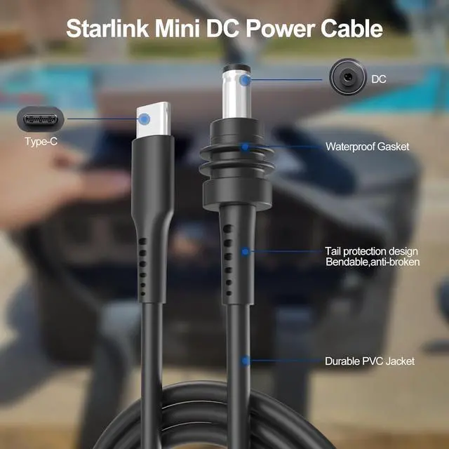 Alt view image 6 of 7 - WRIARICH for Starlink Mini Cable 10ft./3M, USB C to DC Power Cable Starlink Mini Accessories Type-C to Waterproof Barrel Jack 18AWG Built-in PD E-Mark chip Supports PD 100W Charging giyqxHw