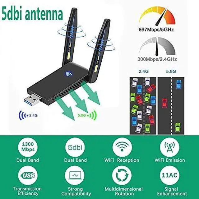 Alt view image 6 of 7 - WRIARICH WLAN Stick USB 3.0 WiFi Adapter PC 1300Mbps WiFi Dongle 2.4GHz/5GHz High Gain Dual Band 5dBi Antenna Wireless Network Adapter for Desktop, Laptop WinXP/7/8/10/Vista/Linux