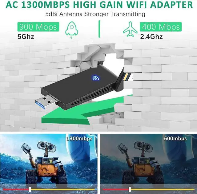 Alt view image 7 of 7 - WRIARICH WLAN Stick USB 3.0 WiFi Adapter PC 1300Mbps WiFi Dongle 2.4GHz/5GHz High Gain Dual Band 5dBi Antenna Wireless Network Adapter for Desktop, Laptop WinXP/7/8/10/Vista/Linux