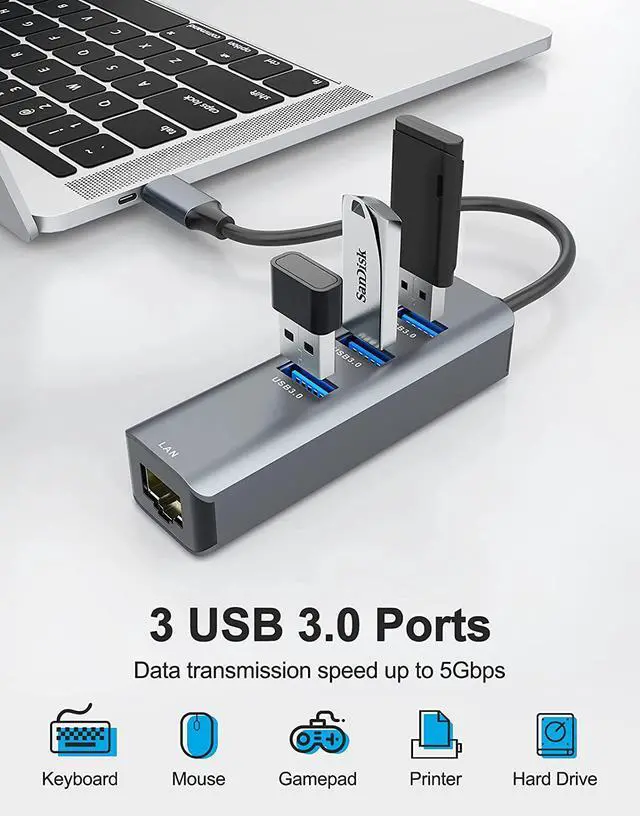 Alt view image 3 of 7 - USB C to 3 x USB 3.0 Hub with Ethernet Adapter, 4-in-1 10/100/1000Mbps Ethernet RJ45 to USB-C/Thunderbolt 3 to Gigabit Ethernet LAN Network Adapter for Mac Chromebook, XPS, Surface Book 3/2/Go etc.