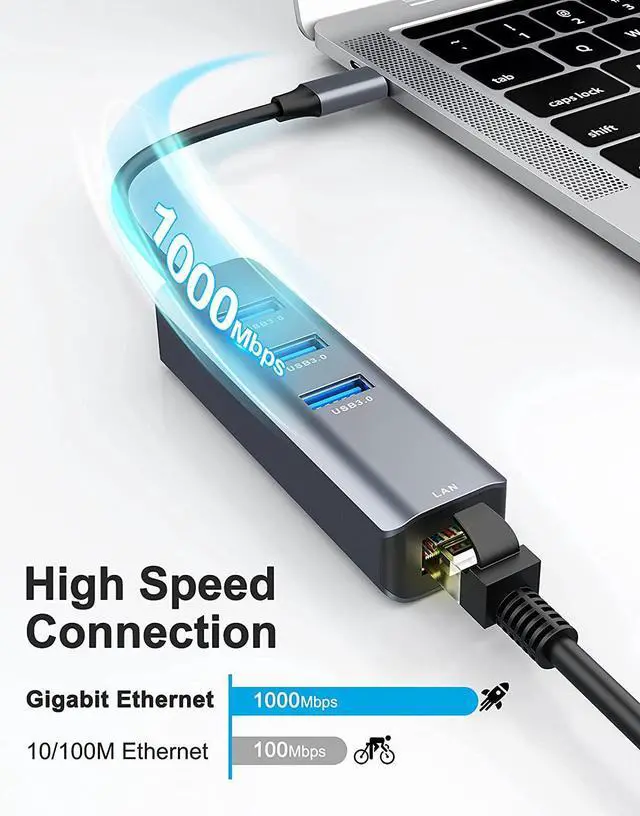 Alt view image 2 of 7 - USB C to 3 x USB 3.0 Hub with Ethernet Adapter, 4-in-1 10/100/1000Mbps Ethernet RJ45 to USB-C/Thunderbolt 3 to Gigabit Ethernet LAN Network Adapter for Mac Chromebook, XPS, Surface Book 3/2/Go etc.
