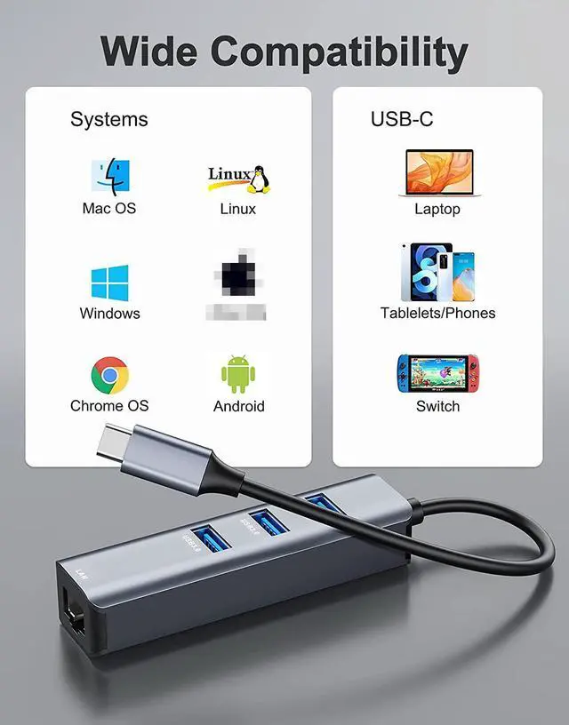 Alt view image 5 of 7 - USB C to 3 x USB 3.0 Hub with Ethernet Adapter, 4-in-1 10/100/1000Mbps Ethernet RJ45 to USB-C/Thunderbolt 3 to Gigabit Ethernet LAN Network Adapter for Mac Chromebook, XPS, Surface Book 3/2/Go etc.