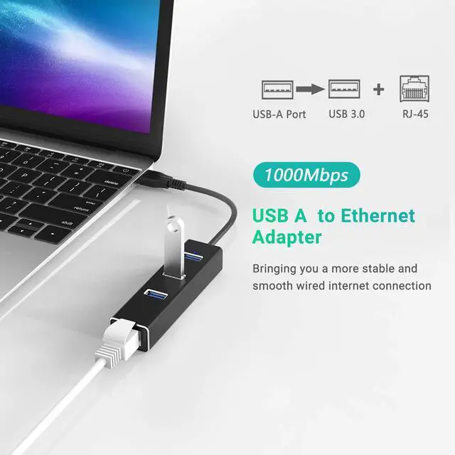 Alt view image 5 of 7 - WRIARICH USB to Ethernet Adapter, USB A to 3 Ports USB 3.0 Hub with 10/100/1000 Mbps LAN RJ45 Gigabit Network Adapter, Supports Windows 10/8/7, Mac OS, Linux