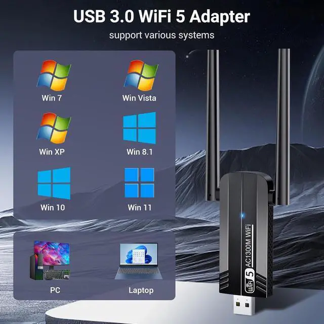 Alt view image 2 of 7 - 1300Mbps USB 3.0 WiFi Adapter, Dual Antennas 5G/2.4G AC1300 Wireless Adapter WiFi Network Adapter Dongle for Desktop Computer Laptop PC Supports Windows11/10/8/7/Vista/XP, Mac OS 10.9-10.15