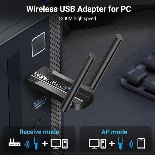 Alt view image 3 of 7 - 1300Mbps USB 3.0 WiFi Adapter, Dual Antennas 5G/2.4G AC1300 Wireless Adapter WiFi Network Adapter Dongle for Desktop Computer Laptop PC Supports Windows11/10/8/7/Vista/XP, Mac OS 10.9-10.15