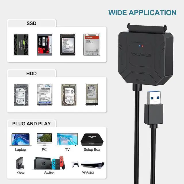 Alt view image 6 of 7 - SATA III to USB 3.0 Adapter with 12 Power Adapter, External Hard Drive Converter Cable Adapter for 2.5 3.5 Inch HDD SSD SATA III Support UASP Compatible for S-ea-gate W-D Hitachi To-sh-iba etc..