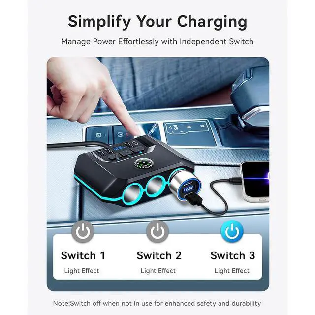Alt view image 3 of 7 - WRIARICH Car Auto Cigarette Lighter Splitter, 120W Car Charger Adapter with USB & PD, 7 in 1 Multi Port Power Plug with Independent Switches & LED Voltage Display for 12V- 24V Vehicles giyqxHw