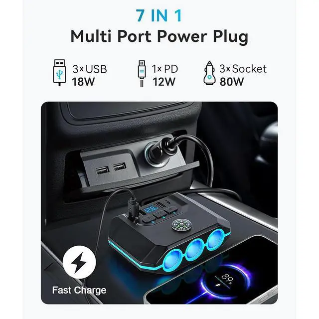 Alt view image 2 of 7 - WRIARICH Car Auto Cigarette Lighter Splitter, 120W Car Charger Adapter with USB & PD, 7 in 1 Multi Port Power Plug with Independent Switches & LED Voltage Display for 12V- 24V Vehicles giyqxHw