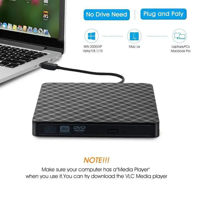 Alt view image 3 of 7 - External CD Drive USB 3.0 Portable DVD Drive, Gipow External CD DVD+/-RW Drives/Writer/Rewriter/Burner High Speed Data Transfer for MacBook Mac OSX Laptops Desktops Notebooks Windows7/8/10 (Black)
