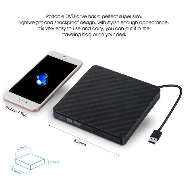 Alt view image 2 of 7 - External CD Drive USB 3.0 Portable DVD Drive, Gipow External CD DVD+/-RW Drives/Writer/Rewriter/Burner High Speed Data Transfer for MacBook Mac OSX Laptops Desktops Notebooks Windows7/8/10 (Black)