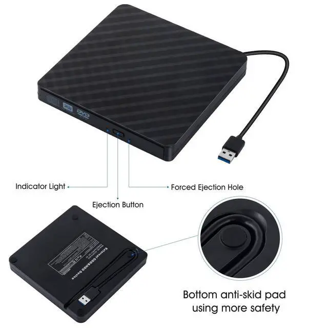 Alt view image 5 of 7 - External CD Drive USB 3.0 Portable DVD Drive, Gipow External CD DVD+/-RW Drives/Writer/Rewriter/Burner High Speed Data Transfer for MacBook Mac OSX Laptops Desktops Notebooks Windows7/8/10 (Black)