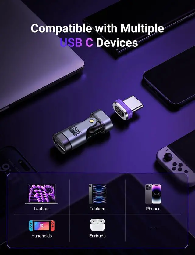 Alt view image 6 of 7 - Hitoor PD 240W 16PIN USB C Magnetic Adapter (2Pack)/USB C 90 Degree Adapter/Right Angle C Adapter/C to C Adapter for i-Phone 16/15 Series, Ma-Book Pro/1Pad Series, Galaxy, G-oo-gle Pixel etc.. giyqxHw