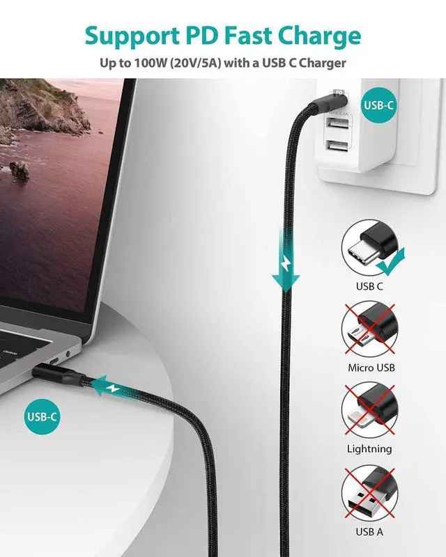 Alt view image 2 of 7 - USB C to USB C Cable 6.6ft/2M, USB 3.2 Gen 2 USB-C Cable- 4K UHD 20Gbps USB C Cable 100W PD Fast Charging Cable, Nylon Braided Type C Cable for Thunderbolt 3, Mac-Book Pro, i-Pad Pro, Galaxy S20..