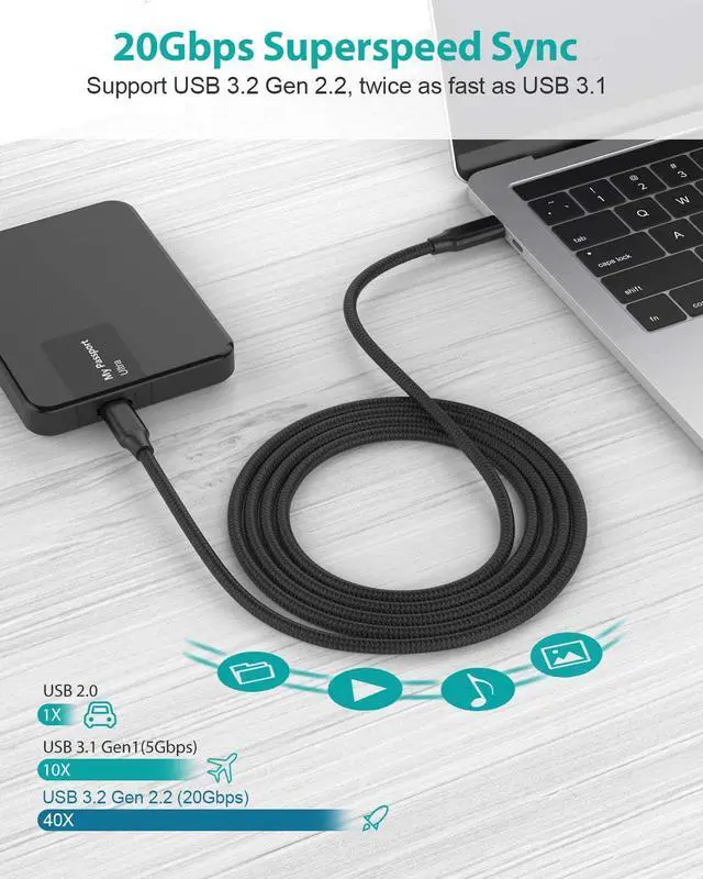 Alt view image 3 of 7 - USB C to USB C Cable 6.6ft/2M, USB 3.2 Gen 2 USB-C Cable- 4K UHD 20Gbps USB C Cable 100W PD Fast Charging Cable, Nylon Braided Type C Cable for Thunderbolt 3, Mac-Book Pro, i-Pad Pro, Galaxy S20..