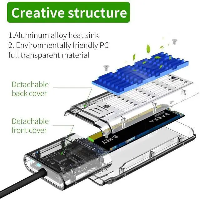 Alt view image 4 of 7 - WRIARICH Transparent M.2 SSD Enclosure High Speed USB3.0 Gen1 5Gb/S M.2 NGFF SATA External Hard Drive Case for PC