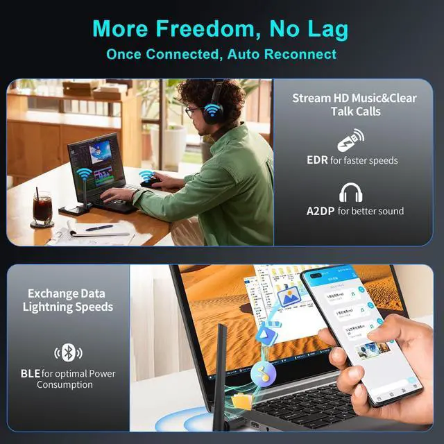 Alt view image 6 of 7 - WRIARICH 150M Long Range USB Bluetooth 5.4 Adapter for PC, Wireless Dongle Enhanced Antenna for Laptop Desktop PC Windows 11 10 8.1 7, Plug and Play Bluetooth Headphones Headset Speaker Mice Keyboard