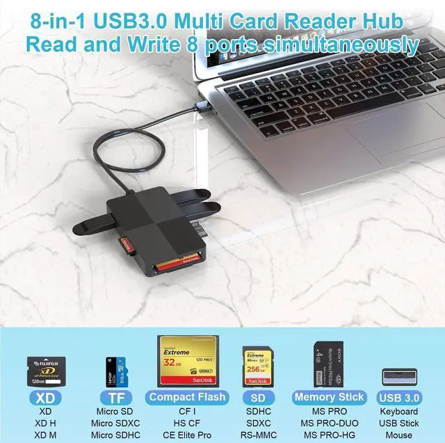 Alt view image 2 of 7 - USB 3.0 Multi Card Reader for PC, XD Picture Card Reader USB Adapter with 5 Card Slots and 3 USB3.0 Port for SD TF CF XD MS keyboard mouse U Disk, Memory Stick Pro Duo Reader Read 8 Ports Simultaneous