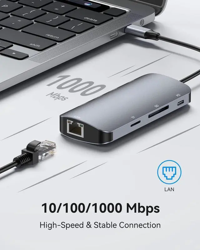 Alt view image 2 of 7 - USB C Hub Multiport Adapter, 8-in-1 USB-C Hub with Ethernet 1000Mbps, 4K HDMI, 100W PD, SD/TF Card Reader, 3 USB 3.0 Ports Docking Station Compatible for Ma-cBook Pro/Air M3/2 /1, i-Pad Pro/XPS