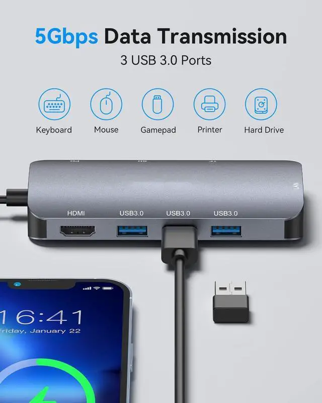 Alt view image 5 of 7 - USB C Hub Multiport Adapter, 8-in-1 USB-C Hub with Ethernet 1000Mbps, 4K HDMI, 100W PD, SD/TF Card Reader, 3 USB 3.0 Ports Docking Station Compatible for Ma-cBook Pro/Air M3/2 /1, i-Pad Pro/XPS