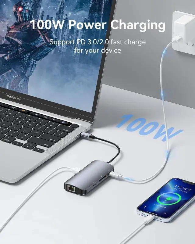 Alt view image 4 of 7 - USB C Hub Multiport Adapter, 8-in-1 USB-C Hub with Ethernet 1000Mbps, 4K HDMI, 100W PD, SD/TF Card Reader, 3 USB 3.0 Ports Docking Station Compatible for Ma-cBook Pro/Air M3/2 /1, i-Pad Pro/XPS