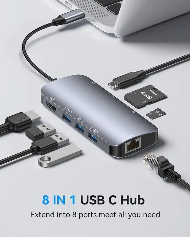 Alt view image 7 of 7 - USB C Hub Multiport Adapter, 8-in-1 USB-C Hub with Ethernet 1000Mbps, 4K HDMI, 100W PD, SD/TF Card Reader, 3 USB 3.0 Ports Docking Station Compatible for Ma-cBook Pro/Air M3/2 /1, i-Pad Pro/XPS
