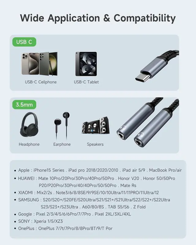 Alt view image 4 of 7 - USB C to 3.5mm Aux Audio Headphone Splitter, Type C to Dual 3.5mm Female Headphone Jack Adapter,Hi-Res 2 Way Audio Sharing Y Cable Cord for S23 S21 S20, i-P-h-o-n-e 15, G-o-o-g-l-e Pixel 4 3 XL