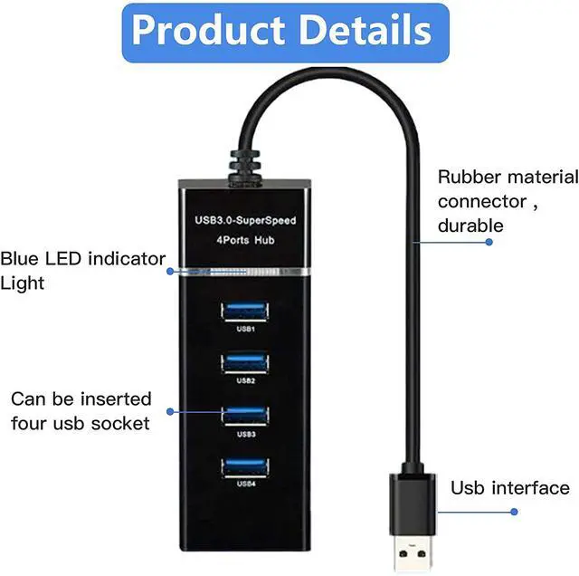 Alt view image 3 of 7 - 4 Port USB3.0 USB Hub Adapter, Portable USB Hub, USB 3.0 Hub Multiport Adapter with LED Indicator for Keyboard &Mouse,Printer,USB Fan&Lamp,Camera,Flash Drives, Mobile Hard Disk, and More (Black)