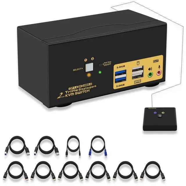 Main image of 2 Port USB 3.0 Triple Monitor Displayport KVM Switch, Displayport 1.4 Support 8K@30Hz 4K@144Hz, DP KVM Switch 2 Computers 3 Monitors Video Keyboard Mouse Peripheral Audio Sharing Selector with Cables